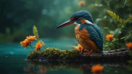 Vibrant Jewel Wild Kingfisher Perched by the Water's Edge