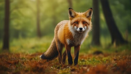Naklejka na ściany i meble Wildlife in Europe Red Fox, Vulpes vulpes, Sporting its Vibrant Orange Fur Coat