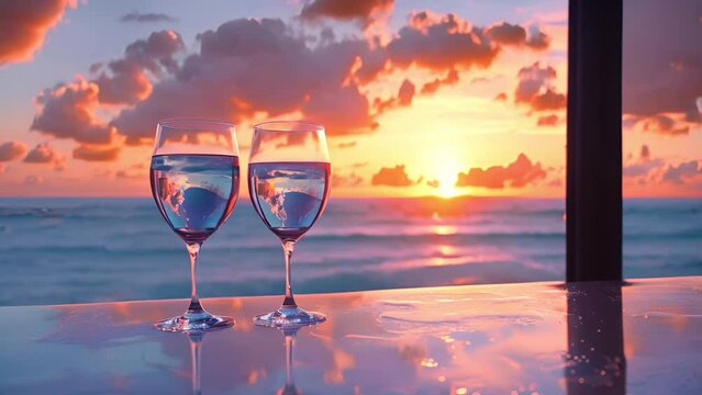 水の入ったグラスと夕焼けの海,Generative AI 