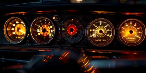 Dashboard gauges lit up at night, close-up, the heartbeat of the road trip  - obrazy, fototapety, plakaty