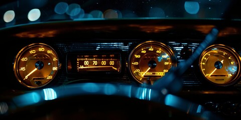 Dashboard gauges lit up at night, close-up, the heartbeat of the road trip - obrazy, fototapety, plakaty