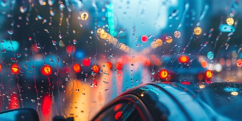 Raindrops on a car window, close-up, blurred city lights, contemplative journey
