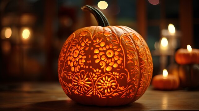 A close-up of a vibrant orange pumpkin with intricate carvings and flickering candlelight inside