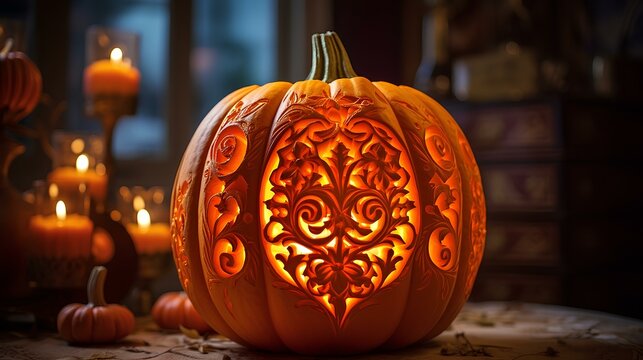 A close-up of a vibrant orange pumpkin with intricate carvings and flickering candlelight inside
