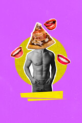 Vertical creative collage picture young fit man naked torso fit sportsman pizza tempting yummy...