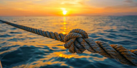 Ferry boat rope being secured, close-up, connection across waters, sunset light - obrazy, fototapety, plakaty