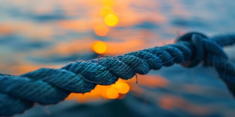Ferry boat rope being secured, close-up, connection across waters, sunset light - obrazy, fototapety, plakaty