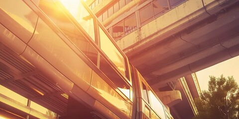 Monorail gliding above, close-up on the rail, futuristic urban transport, midday sun - obrazy, fototapety, plakaty