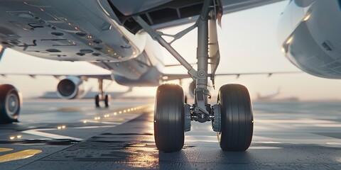 Commercial airliner landing gear touchdown, close-up, moment of arrival 