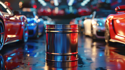 A shiny, reflective oil barrel stands prominently in a luxurious car showroom surrounded by sleek,...