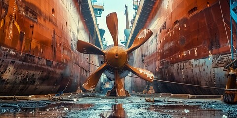Cargo ship propeller in dry dock, close-up, repair and maintenance, unseen force of maritime transport  - obrazy, fototapety, plakaty