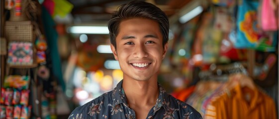 A male tourist smiles sweetly and is happy. In the background is a souvenir shop from Thailand. - obrazy, fototapety, plakaty