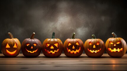 A collection of jack-o'-lanterns arranged in a row, each with its own personality and expression, creating a festive Halloween atmosphere - obrazy, fototapety, plakaty
