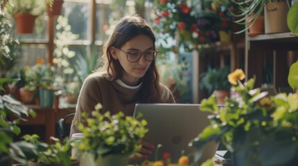 Smart female gardener in glasses using laptop, communicates on internet with customer in home garden/greenhouse, reusable coffee/tea mug on table.Cozy office workplace, remote work, E learning concept