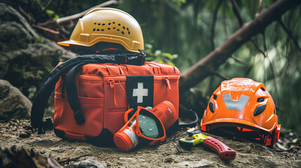 Rescue Ready. all the essentials required for conducting a search and rescue operation, arranged meticulously, indicating meticulous preparation for any emergency situation.