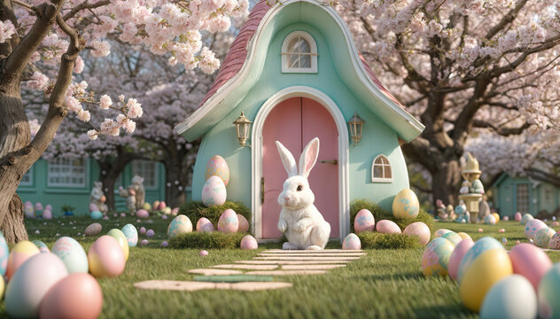 A white rabbit sits in front of a pastel green house, surrounded by Easter eggs. Generative AI