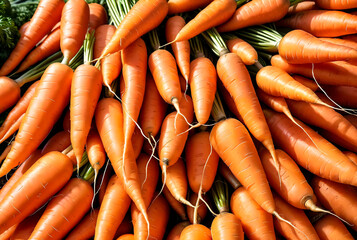 Close-up of Fresh Carrots at Farmers Market Stall, full frame. Colorful display of ripe, orange carrots piled for sale at local market. Vitamin foods backgrounds concept. Copy ad text space, poster - obrazy, fototapety, plakaty