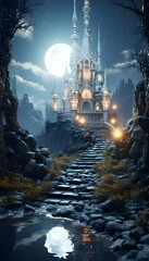 Fantasy castle in the forest at night with full moon. 3D illustration