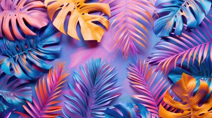 Tropical bright party colorful background with exotic painted tropical palm leaves. Minimal fashion summer concept. Flat lay.