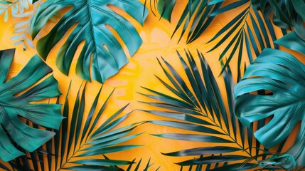 Tropical palm leaves on yellow background. Summer concept. Flat lay, top view, copy space