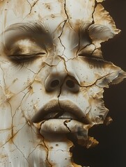 Beautiful model's marble covered face is cracked in the style of realistic sculptures
