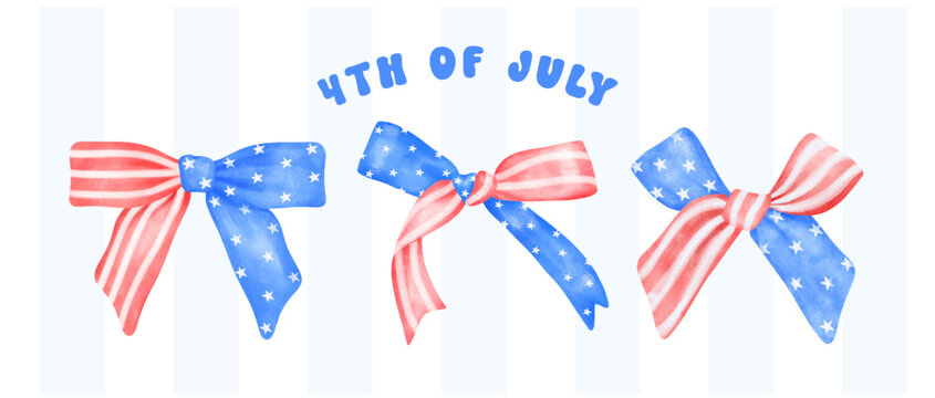 sset of 4th of July Coquette stars and stripes ribbon Bows Watercolor vector illustration.
