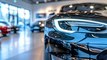 Sleek Showroom Elegance. A close-up view of a modern car’s headlight and glossy black exterior, displayed in a bright and spacious vehicle showroom. - obrazy, fototapety, plakaty