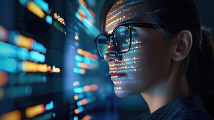 Software, data hologram and woman with code analytics, information technology and gdpr overlay. Programmer coding or IT person in glasses reading html script, programming and cyber security research