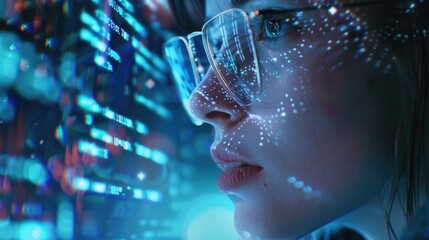 Software, data hologram and woman with code analytics, information technology and gdpr overlay. Programmer coding or IT person in glasses reading html script, programming and cyber security research