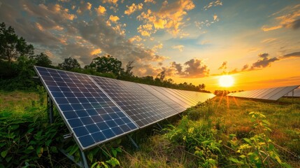 Electrical engineering . Super clean generation of energy solar panel on sky sunset background. 