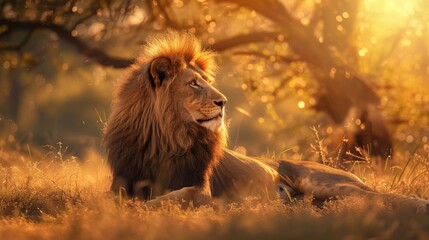 lion predator savanna resting strong - obrazy, fototapety, plakaty