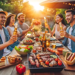 Under twilight's warm glow, a convivial group gathers around a generously laden outdoor table. Grilled meats, fresh salads, warm breads beckon, creating an inviting feast. - obrazy, fototapety, plakaty