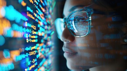 Black woman working in office and futuristic graphical user interface concept. ICT (Information Communication Technology). System engineering.