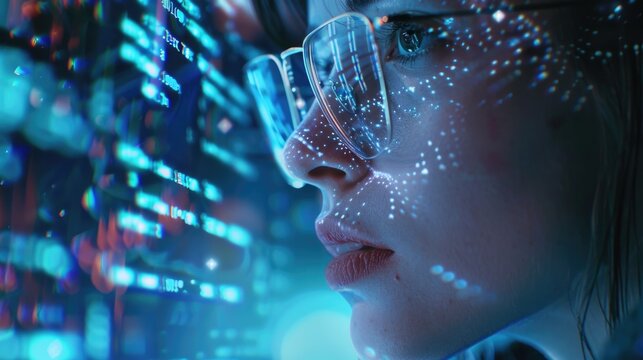 Software, data hologram and woman with code analytics, information technology and gdpr overlay. Programmer coding or IT person in glasses reading html script, programming and cyber security research