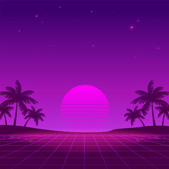 Retrowave futuristic abstract landscape with purple grid background of glowy sunset and palms silhouette on the neon beach - square vector dsgn for Synthwave music and poster party banner design