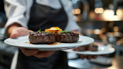 A person holding a plate with food on it, possibly a waiter serving grilled steak entrees to customers - Powered by Adobe