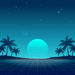 Retro futuristic abstract landscape with blue grid background of glowy sky sunset and palms silhouette on the neon beach - square vector illustration for Synthwave music and poster party banner design