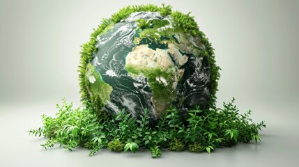 the Earth globe covered with green plants and trees, symbolizing ecological balance and care for the environment
