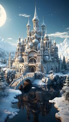 Magic castle in the winter forest. Fantasy landscape with a fairy tale castle.