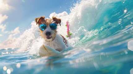 Surfer jack russell dog surfing on a wave , on ocean sea on summer vacation holidays, with cool sunglasses and flower chain .
