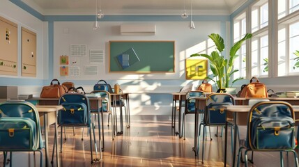 Interior of stylish empty classroom with backpacks and stationery . classroom of a daycare center without children and teacher - obrazy, fototapety, plakaty