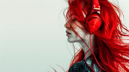 redhead girl with long hair and red headphones on white background