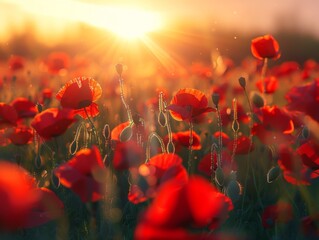 Fototapeta premium field of poppies at sunrise, beautiful summer landscape with red flowers in the meadow, vibrant background with morning sun rays and misty air