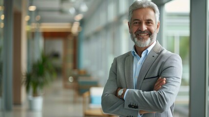 Fototapeta premium Smart confident mature latin business man standing in office hall, portrait. Smiling mid aged older corporate manager, successful professional executive investor looking at camera with arms crossed. 