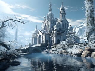 Winter landscape with a fairy tale castle and a pond. 3d rendering