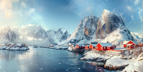Panoramic view of a small fishing village in the Lofoten archipelago in northern Norway - Red...