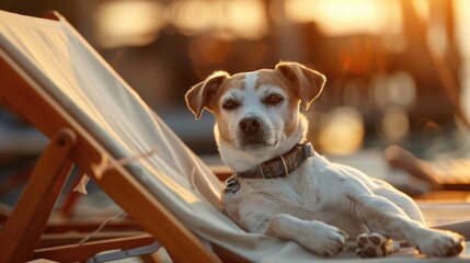 dog relaxing on a fancy deck chair . Puppy relaxing on a fancy red hammock with sunglasses in summer vacation holidays at the beach under the palm tree - Powered by Adobe