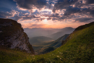 Magic sunrise view of caucasus mountains in Georgia