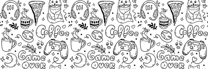Game over seamless pattern. Hand Drawn Doodle teen activities, gamepad, coffee, pizza. Video Games and stream channel Background. Gadget icons Gaming cool print for boys and girls. Vector illustration
