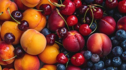 Close up of mixed summer fruit: berries, peaches, cherries. Nutrition vitamins 